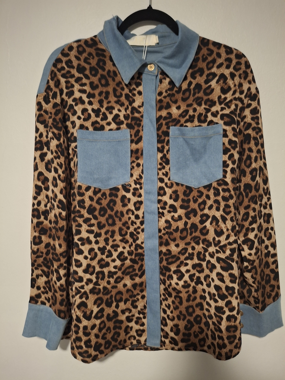Leopard Print Button-Up Blouse with Light Blue Trim